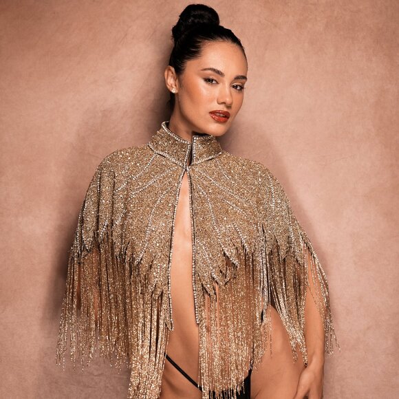 Gold Sequin  Fringe Cape, Rhinestone Shawl, Luxury Beaded Cape, Festival Outfit - Picture 3 of 11